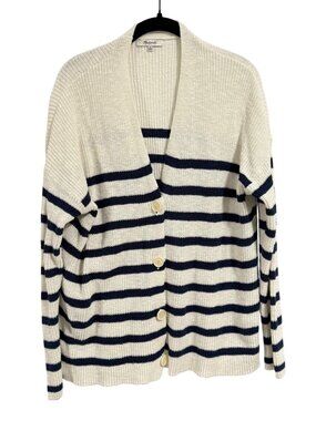Madewell V-Neck Button-Front Long Blue White Stripe Cardigan Sweater Size M